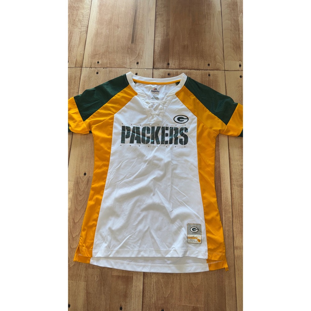 Majestic Green Bay Packers Women Small Lace Up Jersey White‎ Green Gold NFL Fan